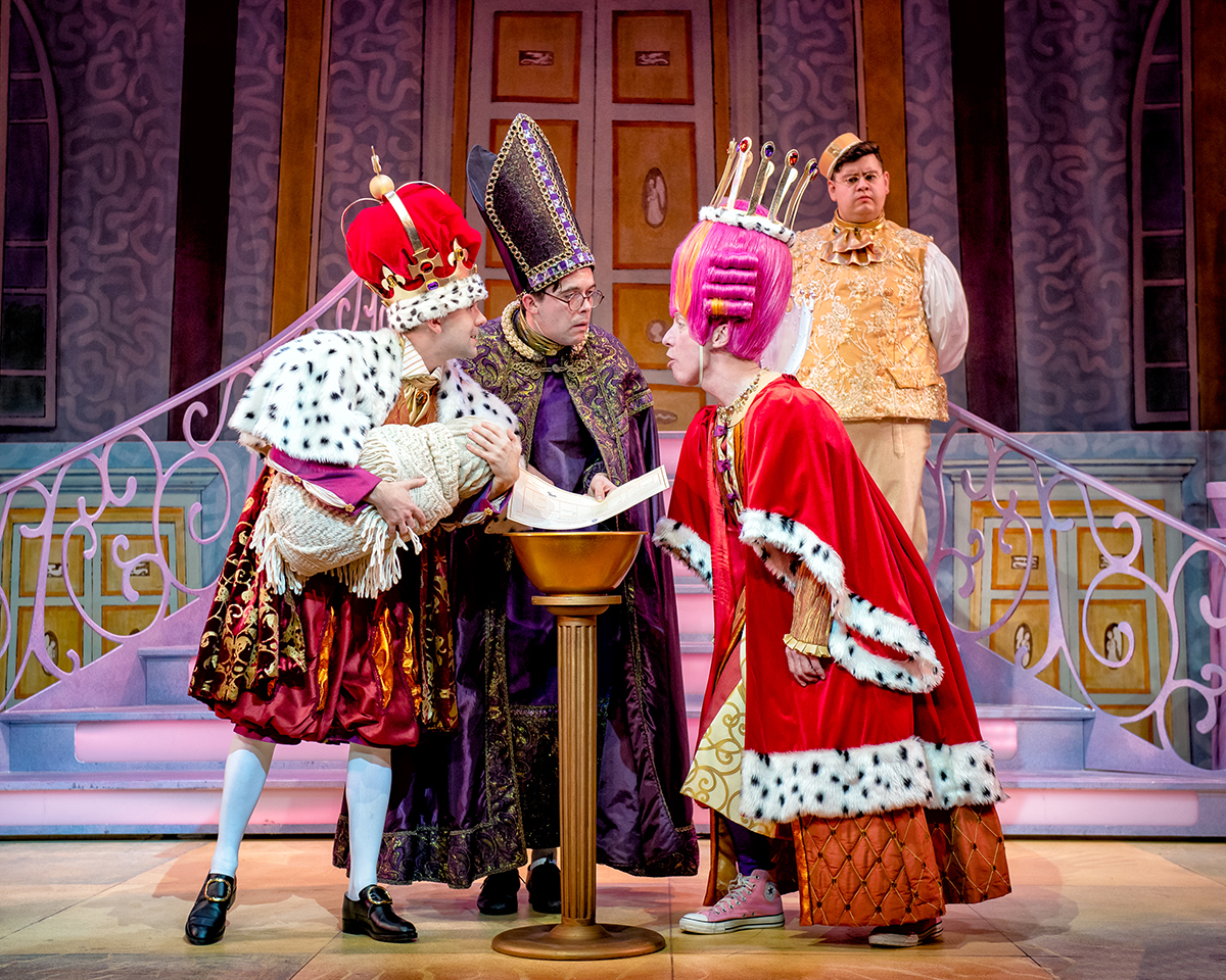 Jack Lansbury, Colin Burnicle, Martin Barrass and (background) Howie Michaels in Sleeping Beauty at York Theatre Royal. Photo Robling Photography